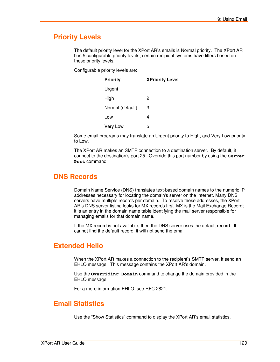 Lantronix XPort AR manual Priority Levels, DNS Records, Extended Hello, Email Statistics 