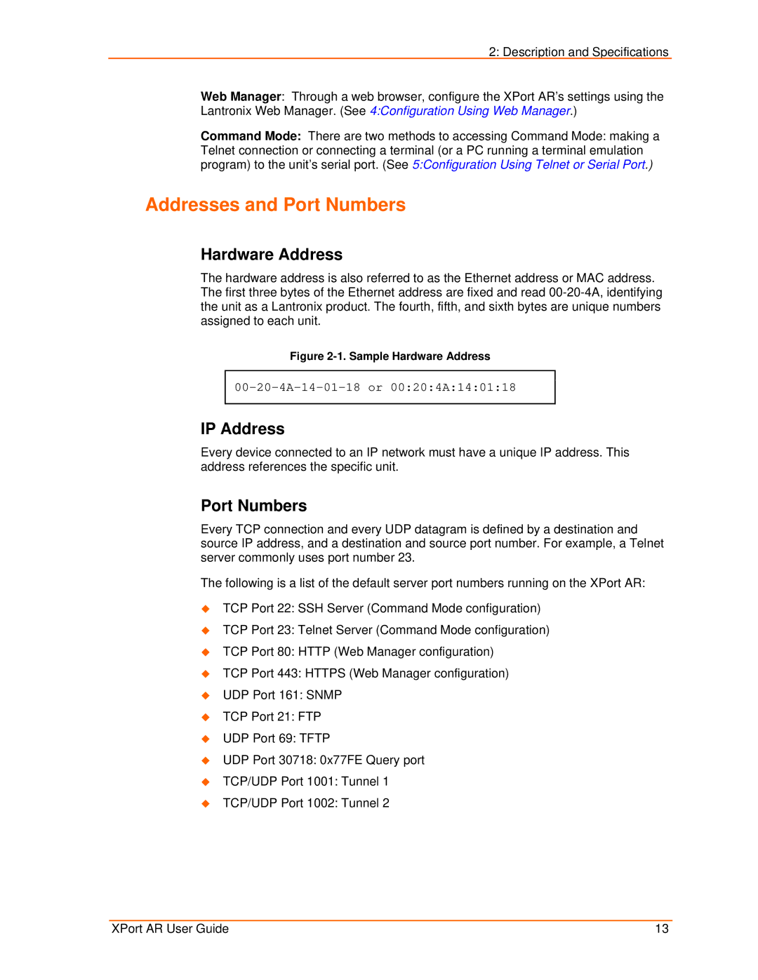 Lantronix XPort AR manual Addresses and Port Numbers, Hardware Address, IP Address 