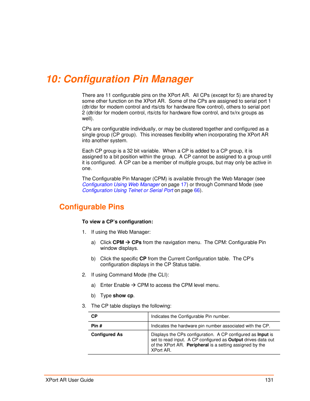 Lantronix XPort AR manual Configuration Pin Manager, Configurable Pins, To view a CP’s configuration, Type show cp 