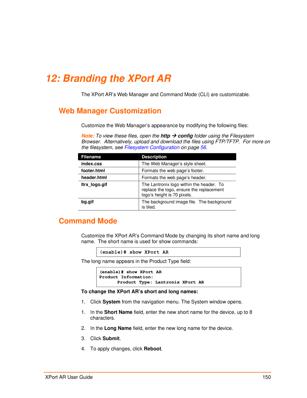 Lantronix Branding the XPort AR, Web Manager Customization, Command Mode, To change the XPort AR’s short and long names 
