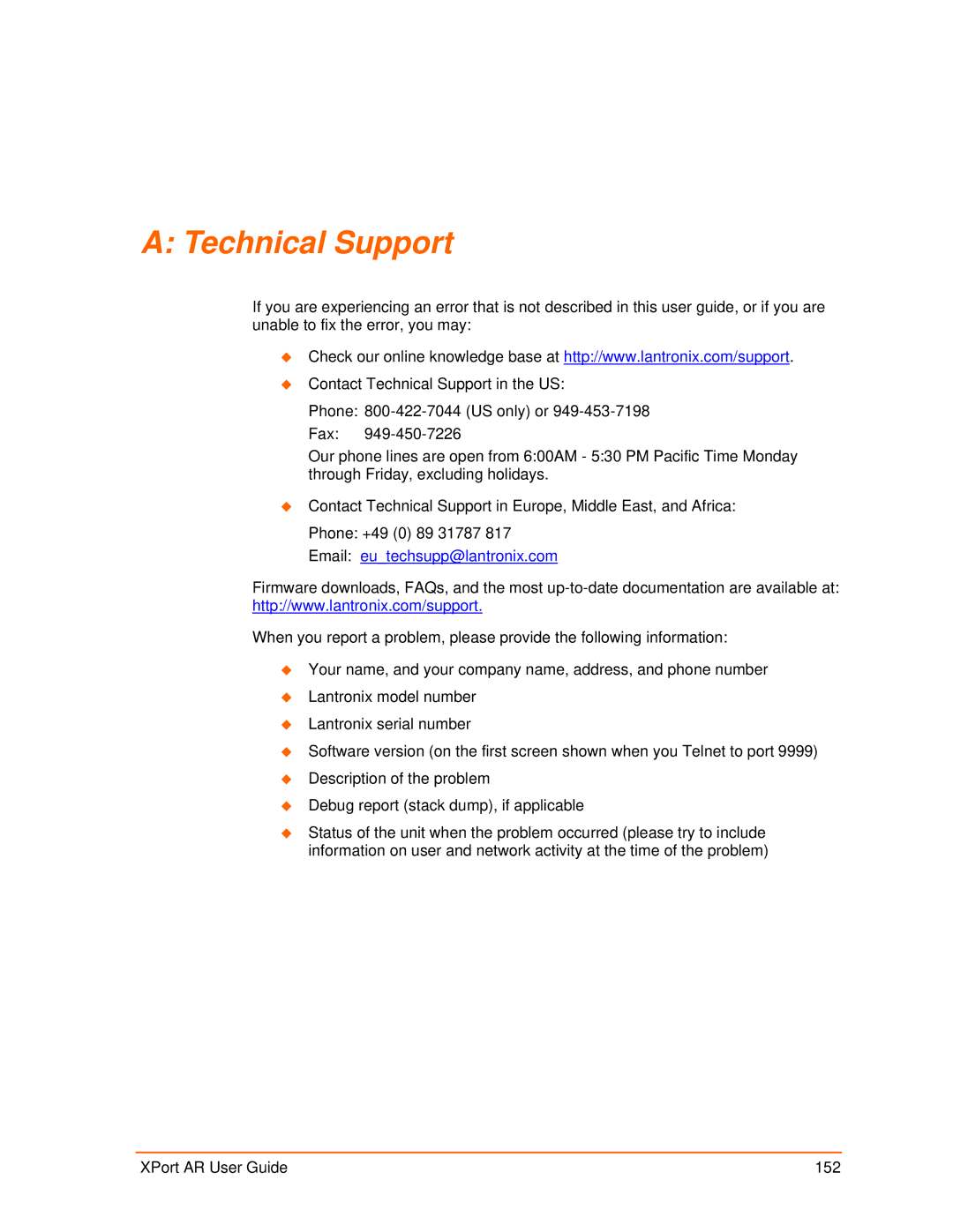 Lantronix XPort AR manual Technical Support, Email eutechsupp@lantronix.com 