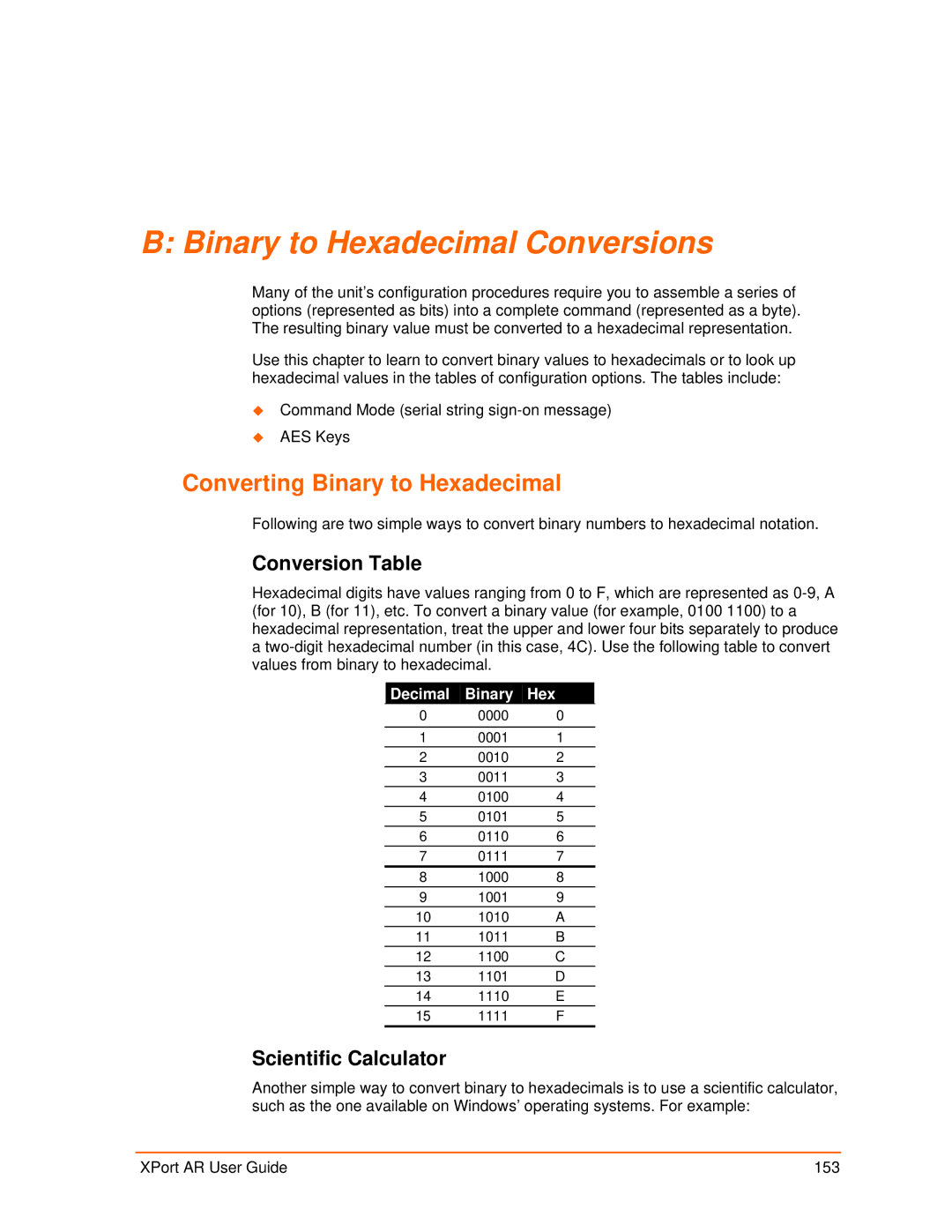 Lantronix XPort AR manual Binary to Hexadecimal Conversions, Converting Binary to Hexadecimal, Conversion Table 