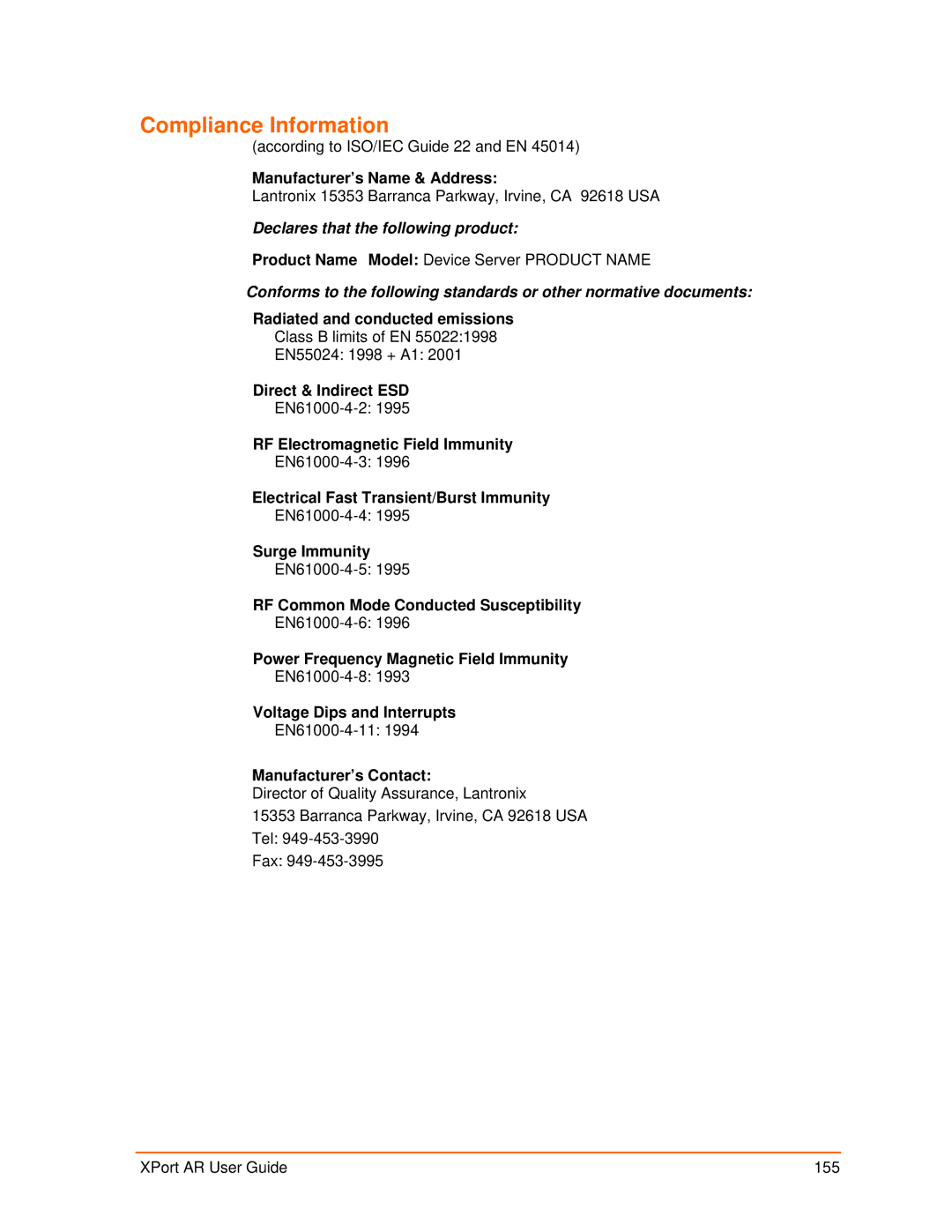 Lantronix XPort AR Manufacturer’s Name & Address, Radiated and conducted emissions, Direct & Indirect ESD, Surge Immunity 