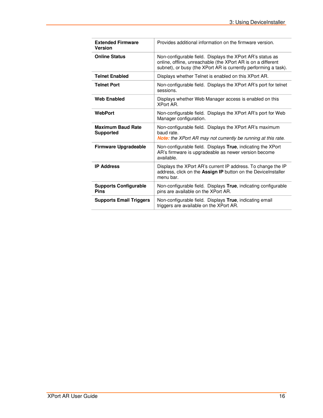 Lantronix XPort AR Extended Firmware, Version Online Status, Telnet Enabled, Telnet Port, Web Enabled, WebPort, Supported 