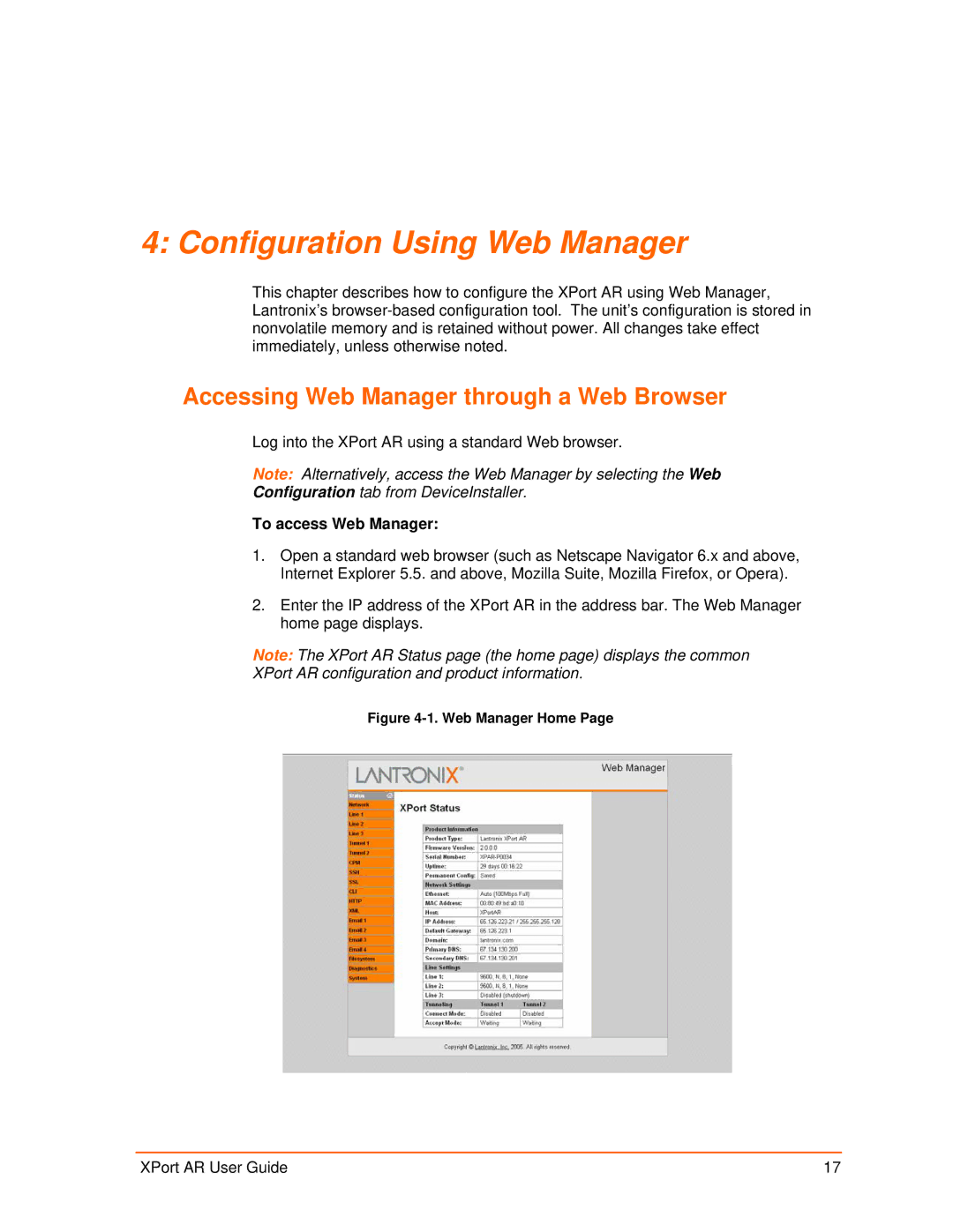 Lantronix XPort AR Configuration Using Web Manager, Accessing Web Manager through a Web Browser, To access Web Manager 