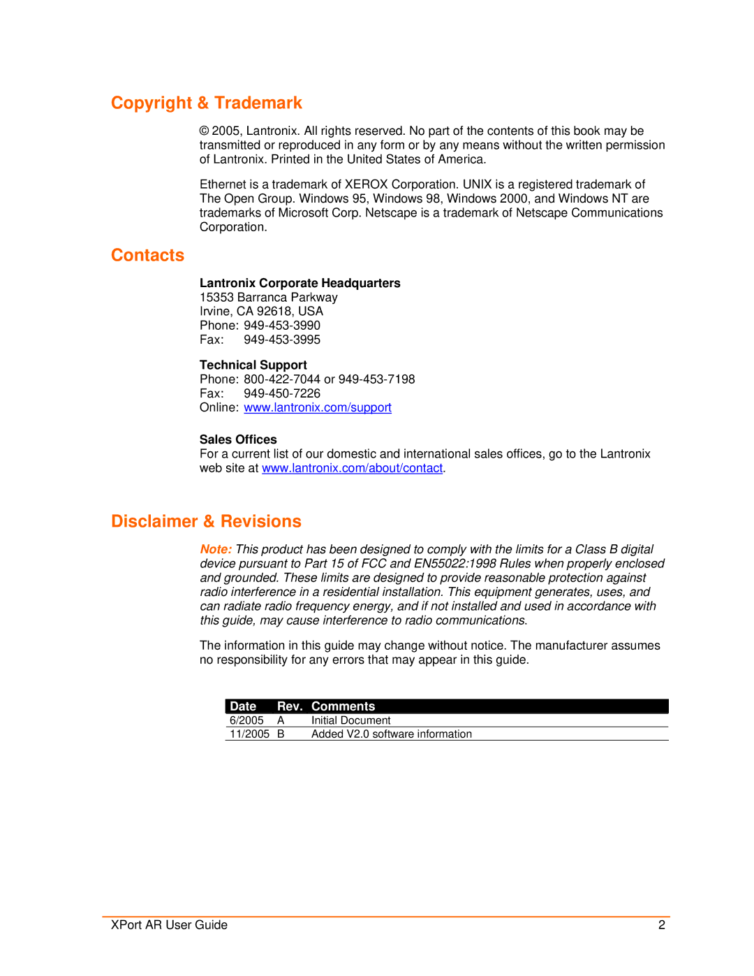 Lantronix XPort AR manual Lantronix Corporate Headquarters, Technical Support, Sales Offices 