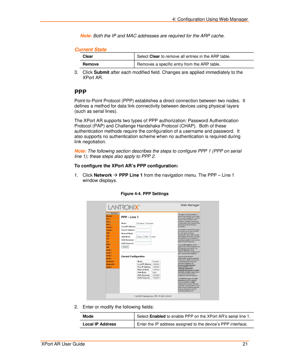 Lantronix manual To configure the XPort AR’s PPP configuration, Clear Remove 