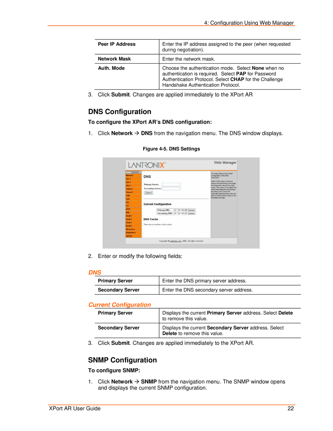 Lantronix manual DNS Configuration, Snmp Configuration, To configure the XPort AR’s DNS configuration, To configure Snmp 