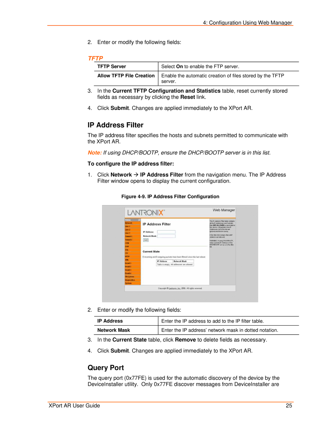 Lantronix XPort AR manual IP Address Filter, Query Port, To configure the IP address filter, Tftp Server 