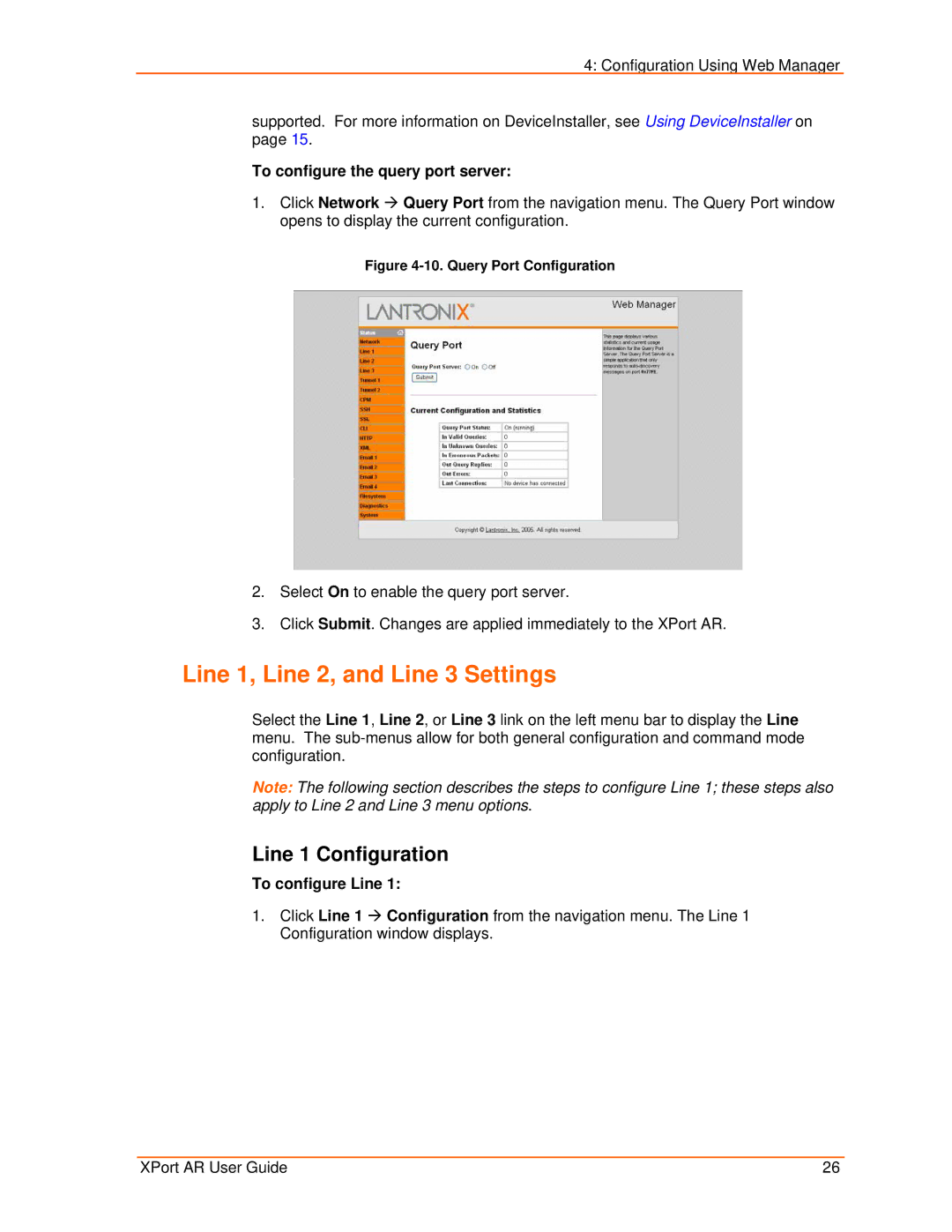 Lantronix XPort AR manual Line 1, Line 2, and Line 3 Settings, Line 1 Configuration, To configure the query port server 