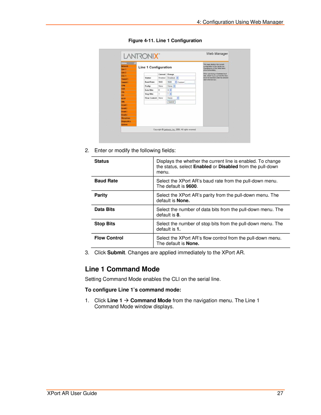 Lantronix XPort AR manual Line 1 Command Mode, To configure Line 1’s command mode 