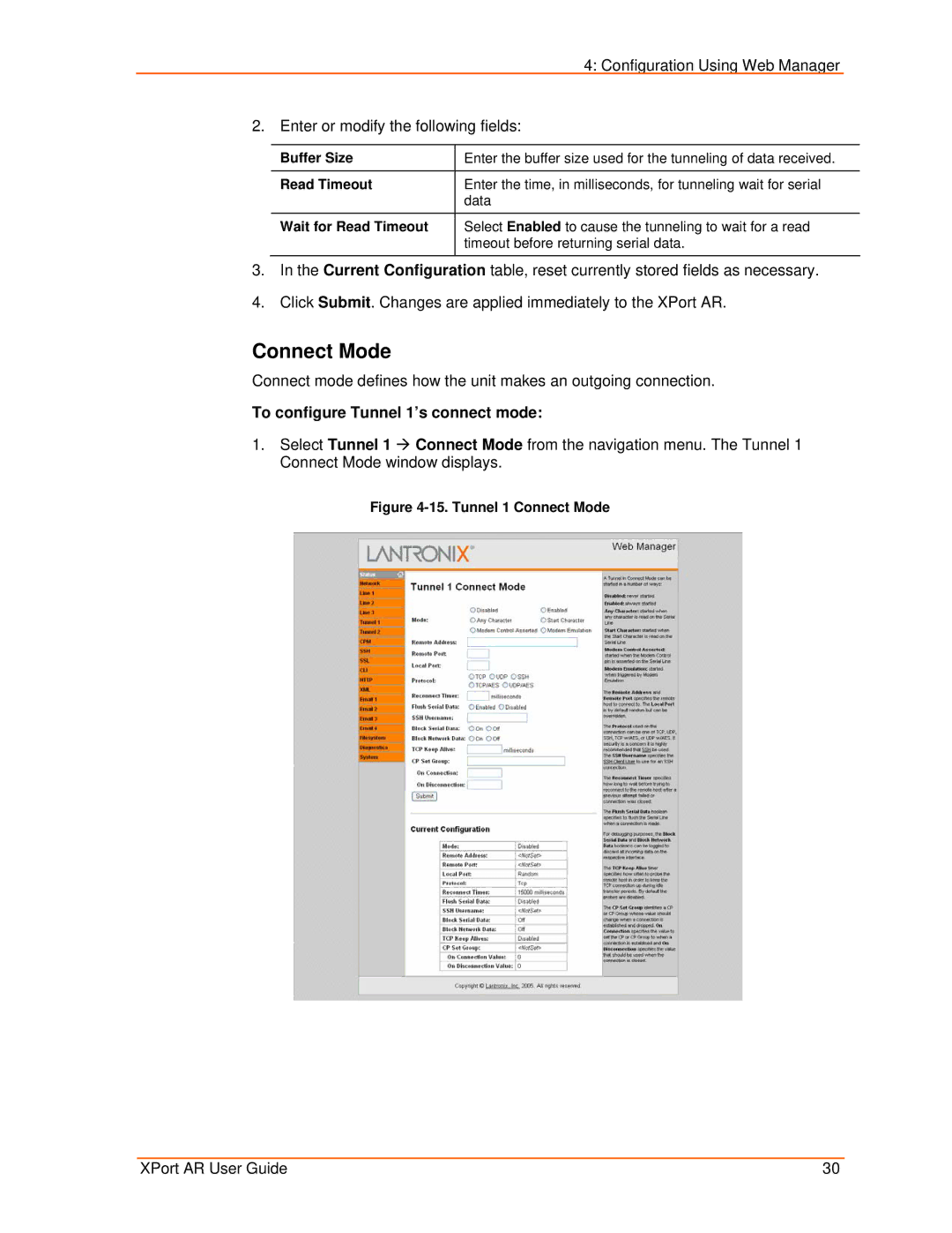 Lantronix XPort AR manual Connect Mode, To configure Tunnel 1’s connect mode, Buffer Size, Wait for Read Timeout 