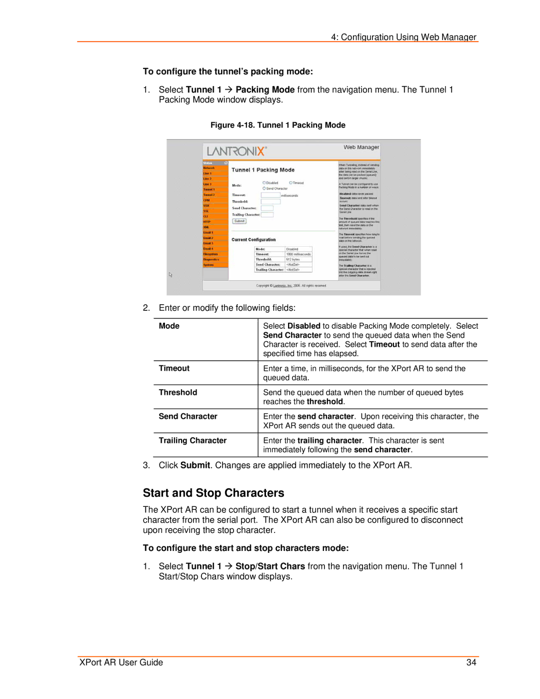Lantronix XPort AR manual Start and Stop Characters, To configure the tunnel’s packing mode 