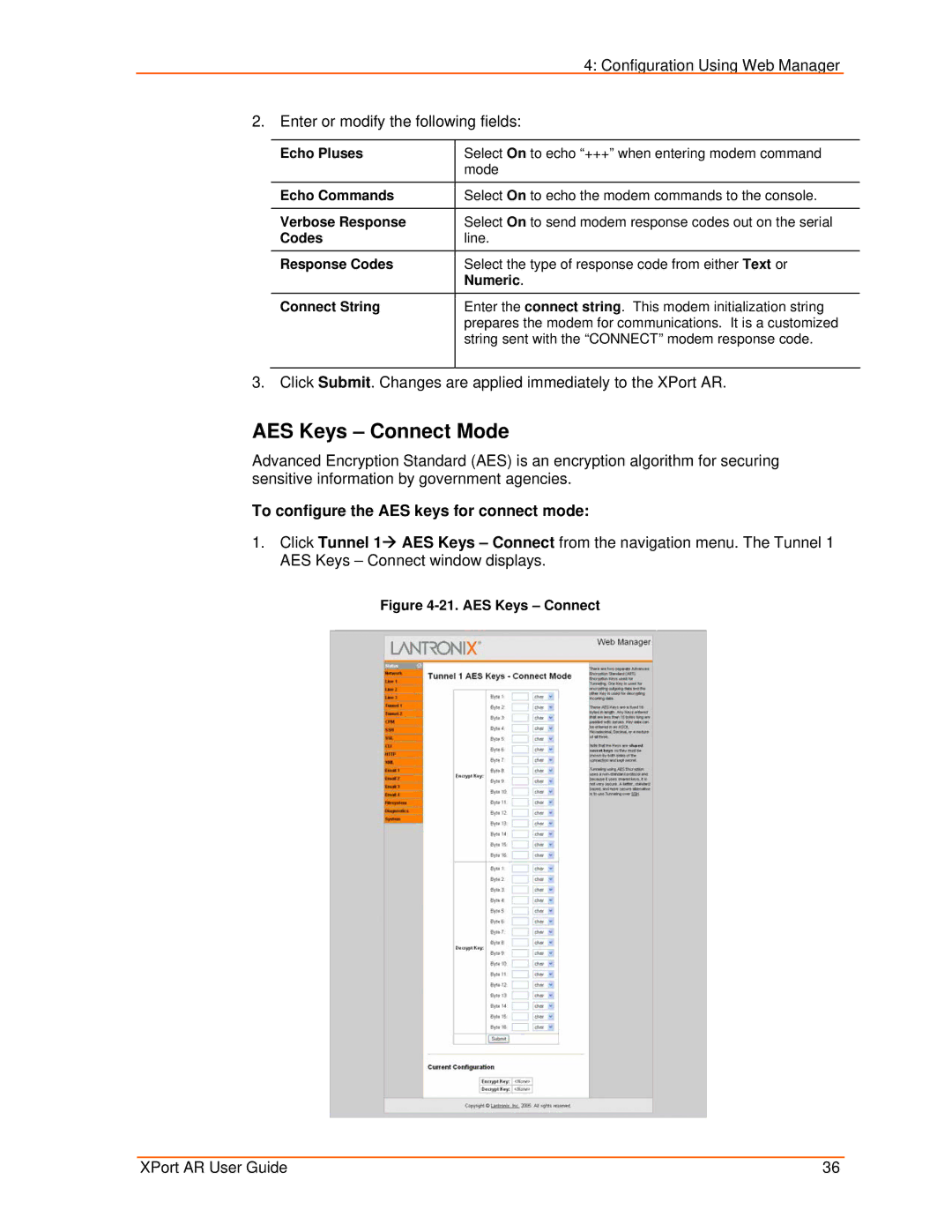 Lantronix XPort AR manual AES Keys Connect Mode, To configure the AES keys for connect mode 