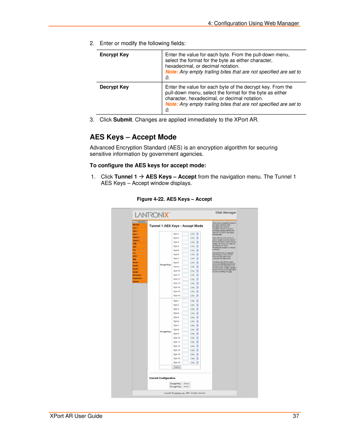 Lantronix XPort AR manual AES Keys Accept Mode, To configure the AES keys for accept mode, Encrypt Key, Decrypt Key 