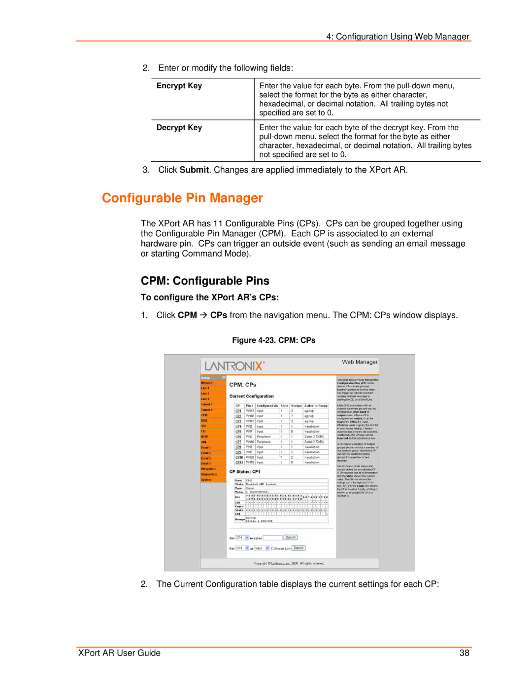 Lantronix manual Configurable Pin Manager, CPM Configurable Pins, To configure the XPort AR’s CPs 