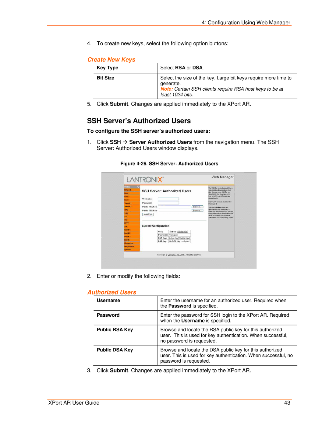 Lantronix XPort AR SSH Server’s Authorized Users, To configure the SSH server’s authorized users, Bit Size, Public RSA Key 