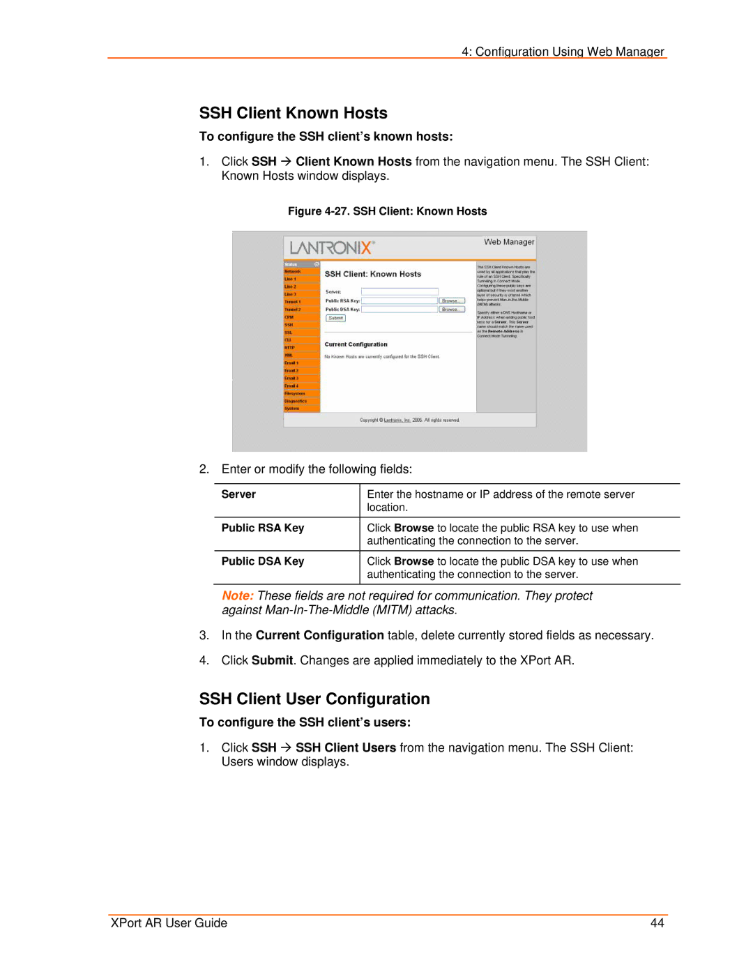 Lantronix XPort AR manual SSH Client Known Hosts, SSH Client User Configuration, To configure the SSH client’s known hosts 