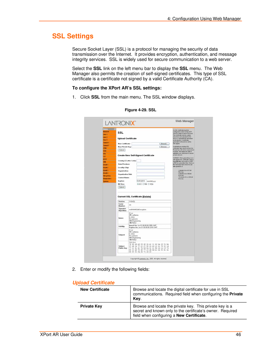 Lantronix manual SSL Settings, To configure the XPort AR’s SSL settings, New Certificate, Key 