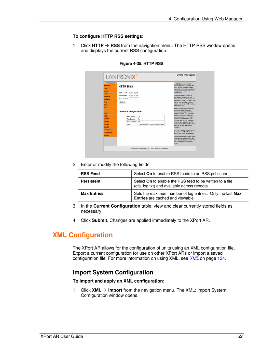 Lantronix XPort AR manual XML Configuration, Import System Configuration, To configure Http RSS settings 