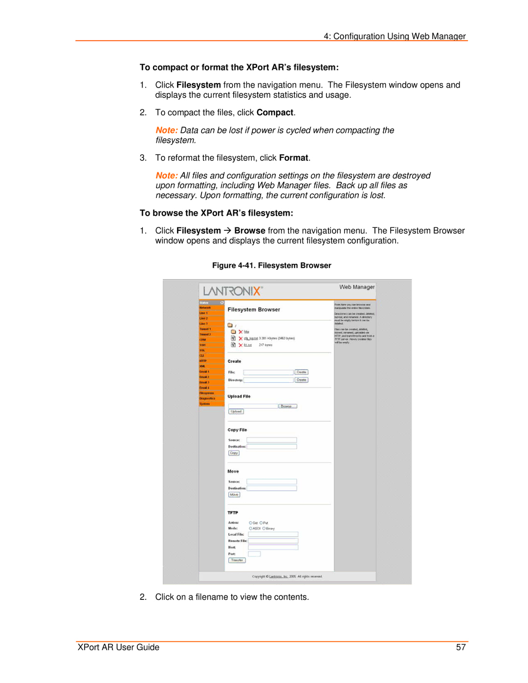 Lantronix manual To compact or format the XPort AR’s filesystem, To browse the XPort AR’s filesystem 