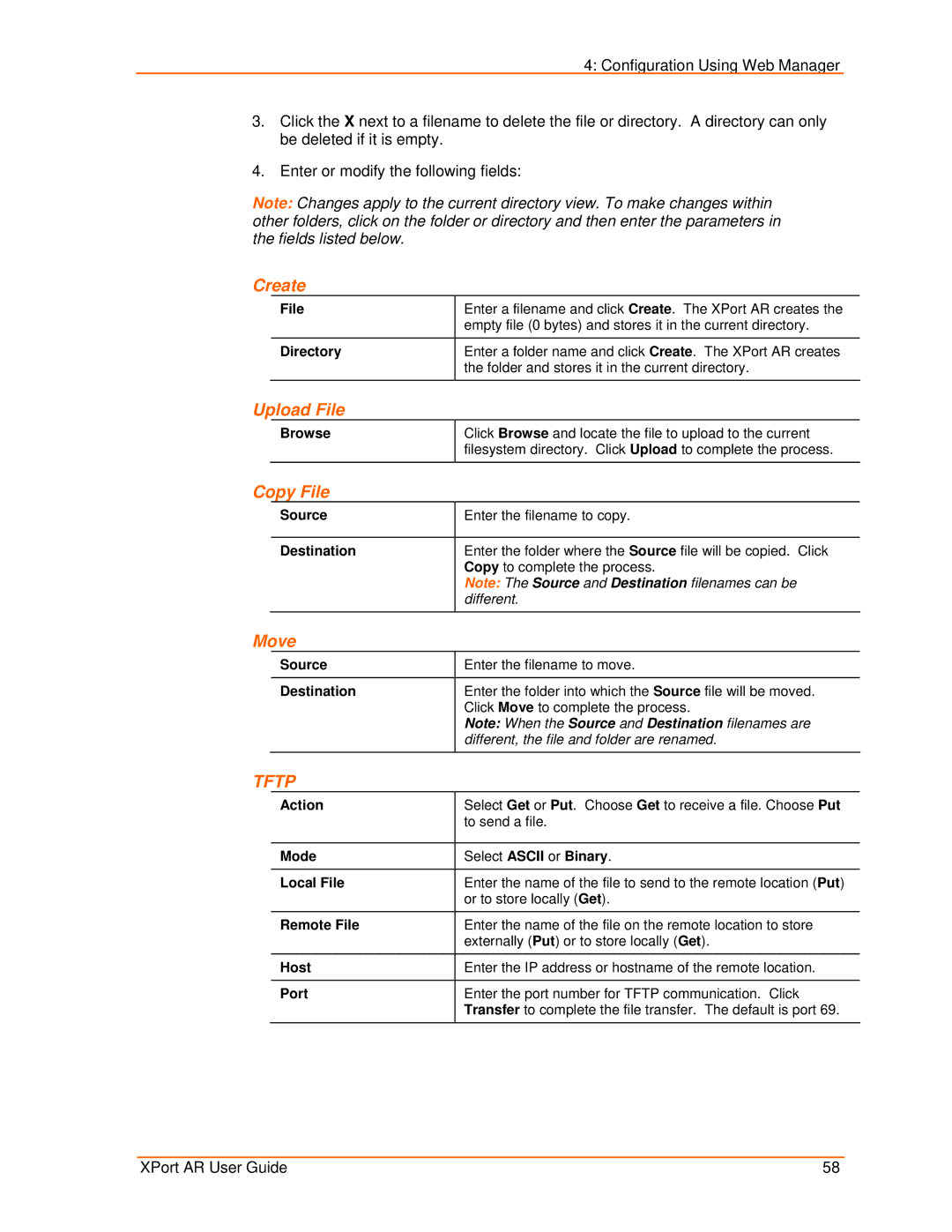 Lantronix XPort AR Directory, Browse, Source, Destination, Action, Mode Select Ascii or Binary Local File, Remote File 