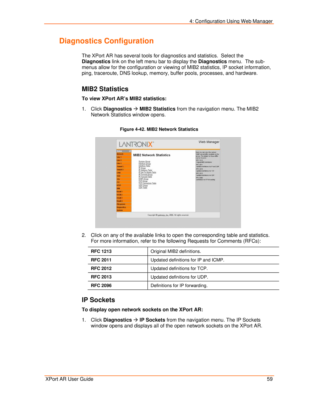 Lantronix manual Diagnostics Configuration, MIB2 Statistics, IP Sockets, To view XPort AR’s MIB2 statistics 