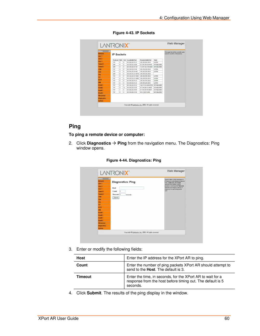 Lantronix XPort AR manual Ping, To ping a remote device or computer, Host Count Timeout 