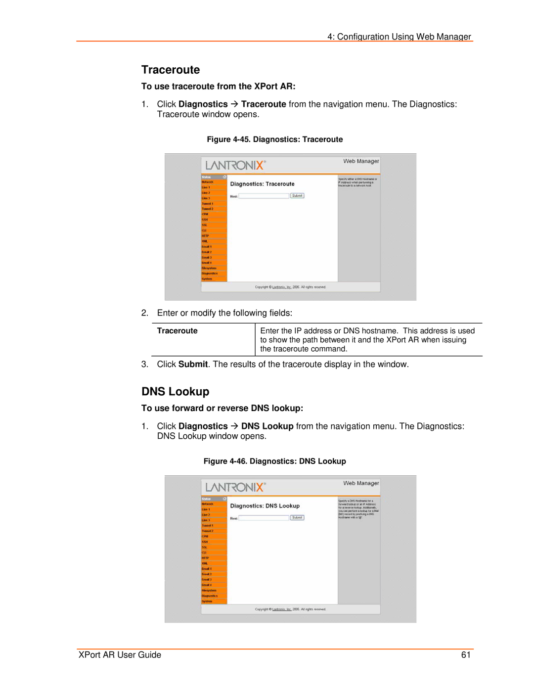 Lantronix manual Traceroute, DNS Lookup, To use traceroute from the XPort AR, To use forward or reverse DNS lookup 