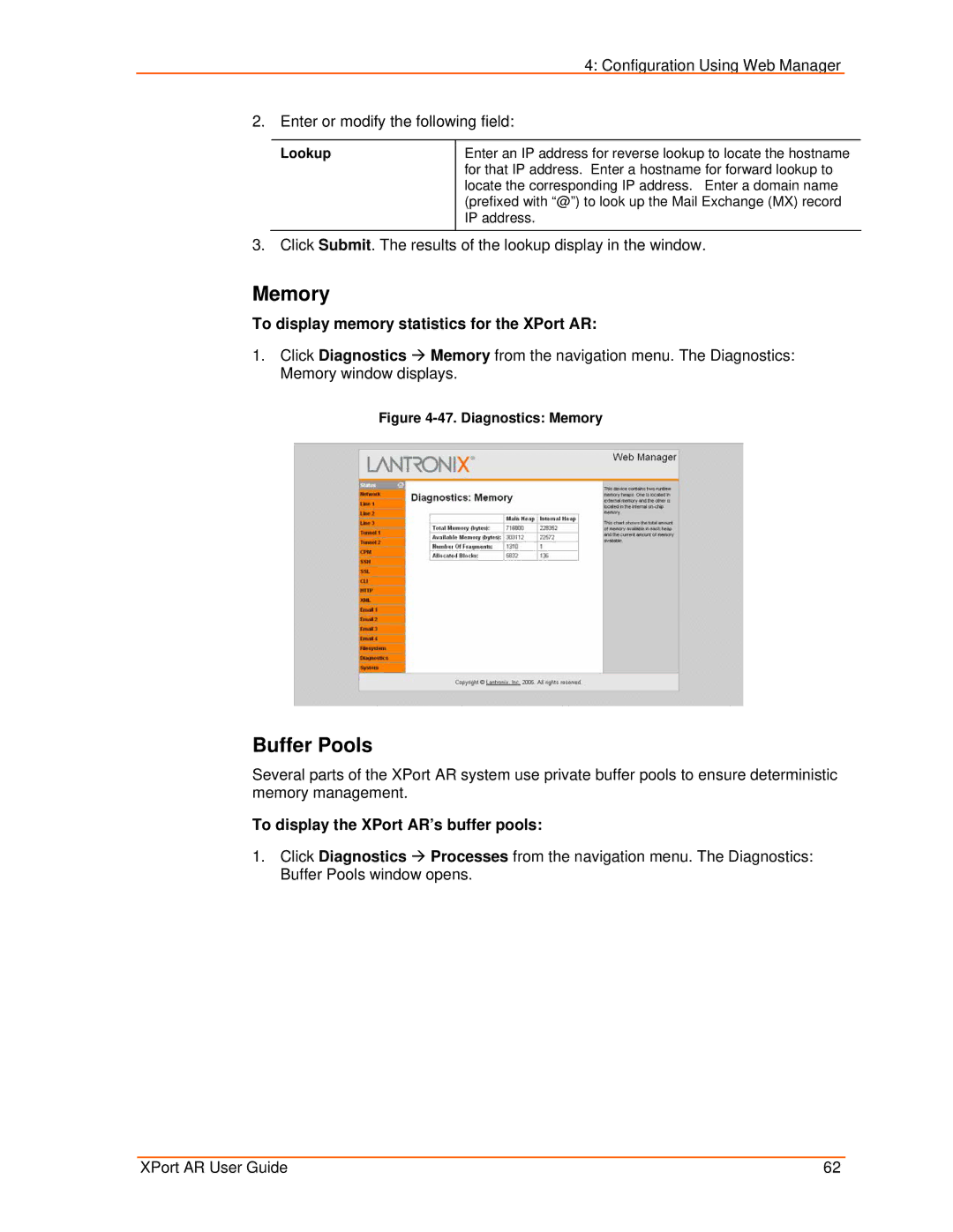 Lantronix Memory, Buffer Pools, To display memory statistics for the XPort AR, To display the XPort AR’s buffer pools 