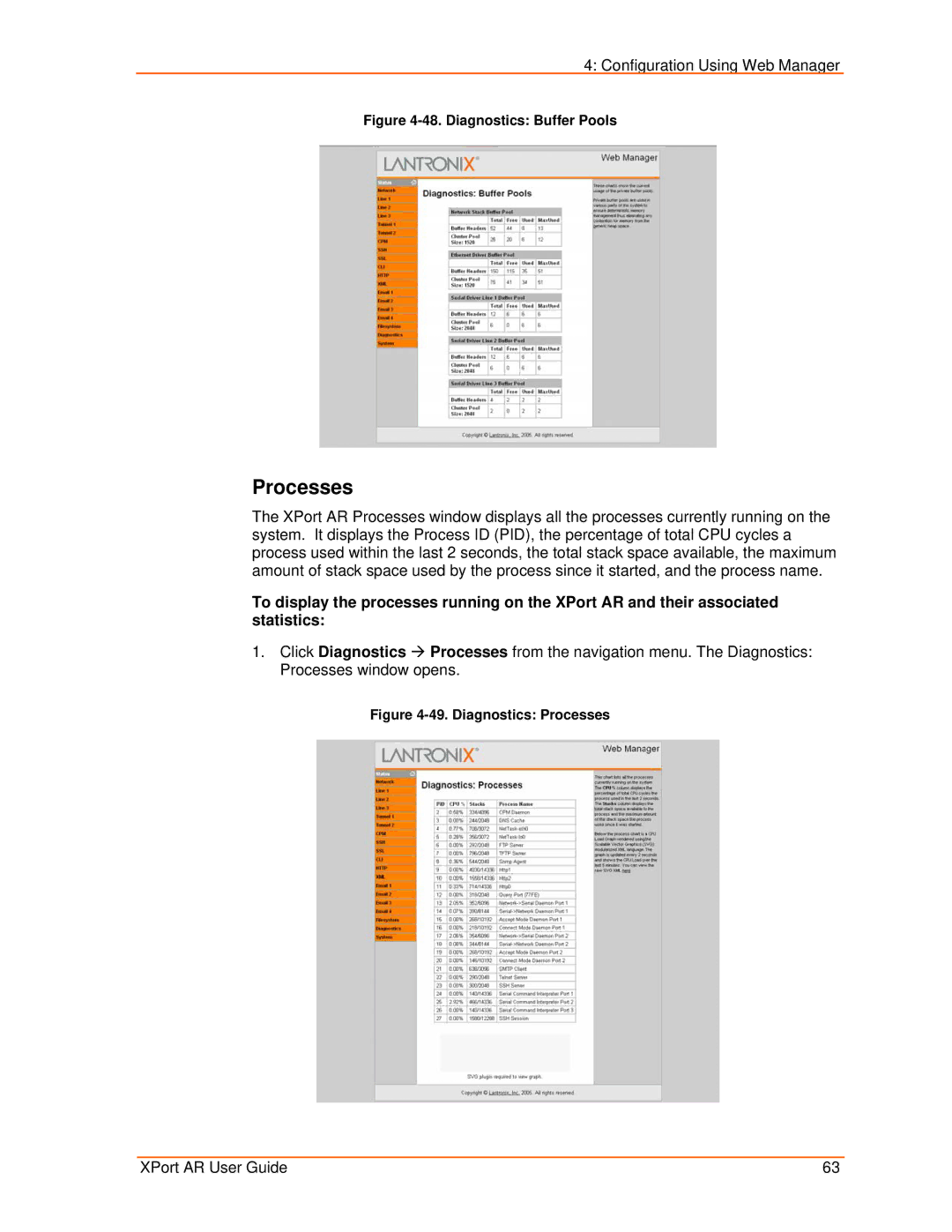 Lantronix XPort AR manual Processes, Diagnostics Buffer Pools 