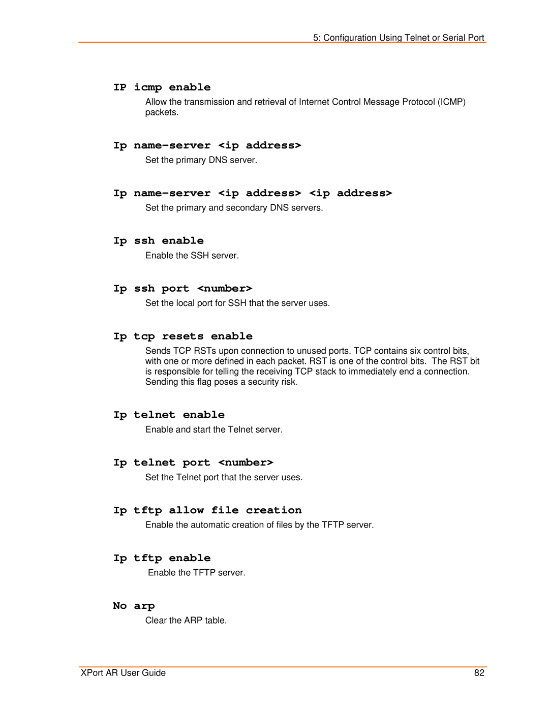 Lantronix XPort AR IP icmp enable, Ip name-server ip address ip address, Ip ssh enable, Ip ssh port number, No arp 