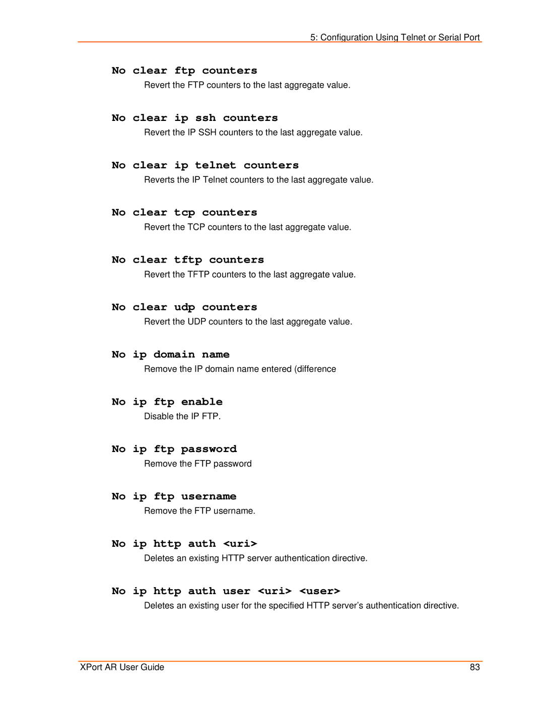 Lantronix XPort AR No clear ftp counters, No clear ip ssh counters, No clear ip telnet counters, No clear tcp counters 