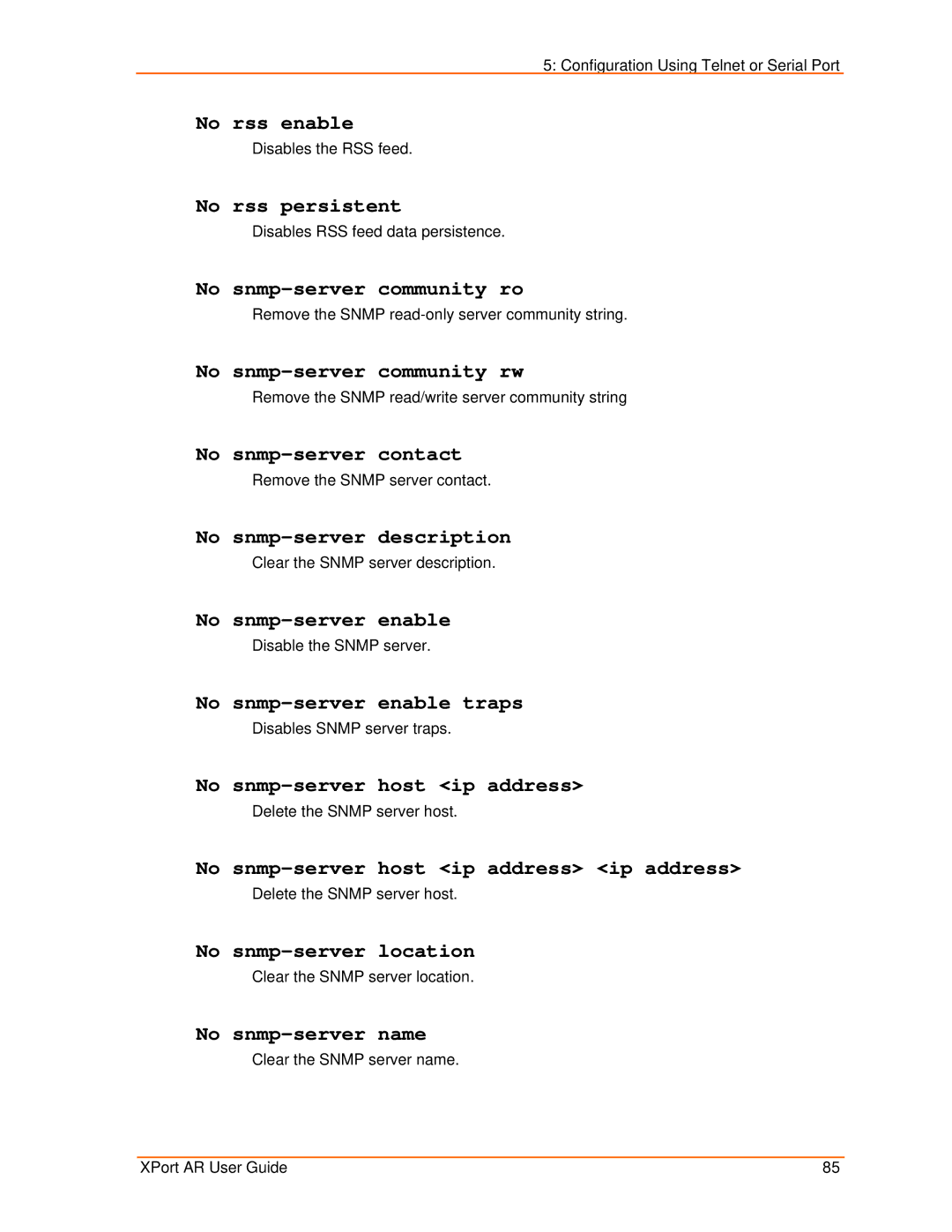 Lantronix XPort AR manual No rss enable, No rss persistent, No snmp-server community ro, No snmp-server community rw 