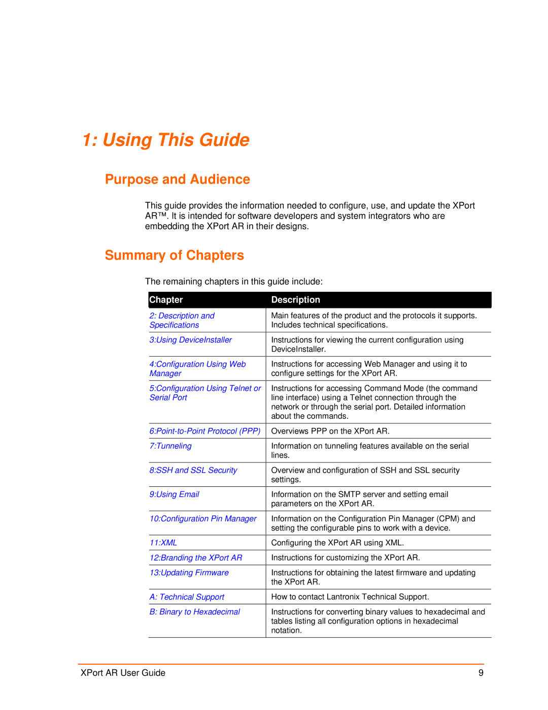 Lantronix XPort AR manual Using This Guide, Purpose and Audience, Summary of Chapters 