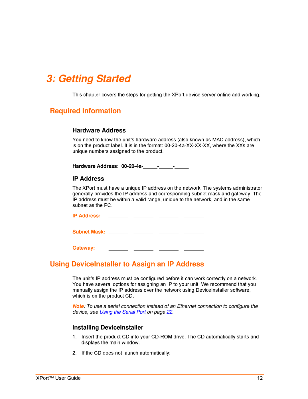 Lantronix XPort manual Getting Started, Required Information, Using DeviceInstaller to Assign an IP Address 