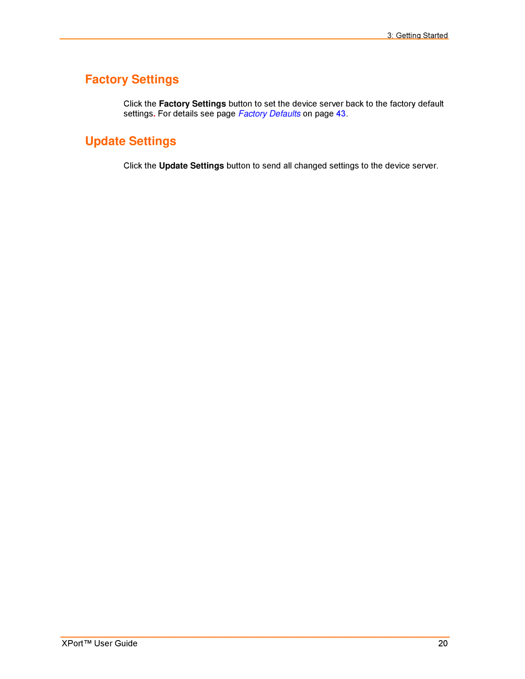 Lantronix XPort manual Factory Settings, Update Settings 