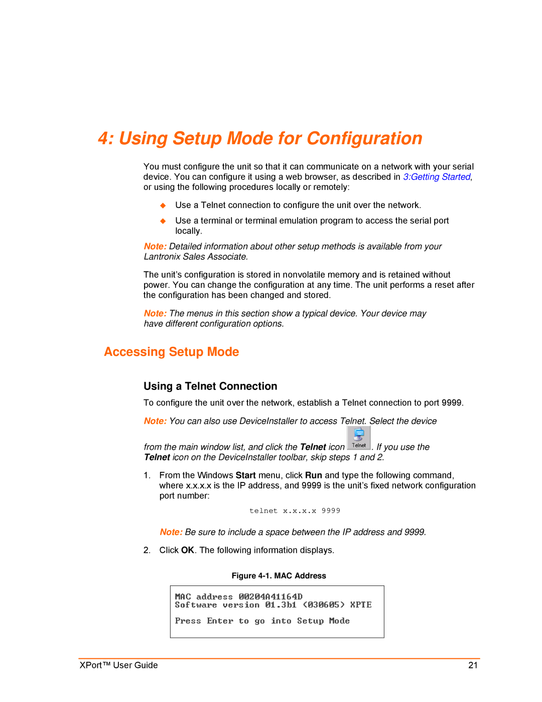 Lantronix XPort manual Using Setup Mode for Configuration, Accessing Setup Mode, Using a Telnet Connection 