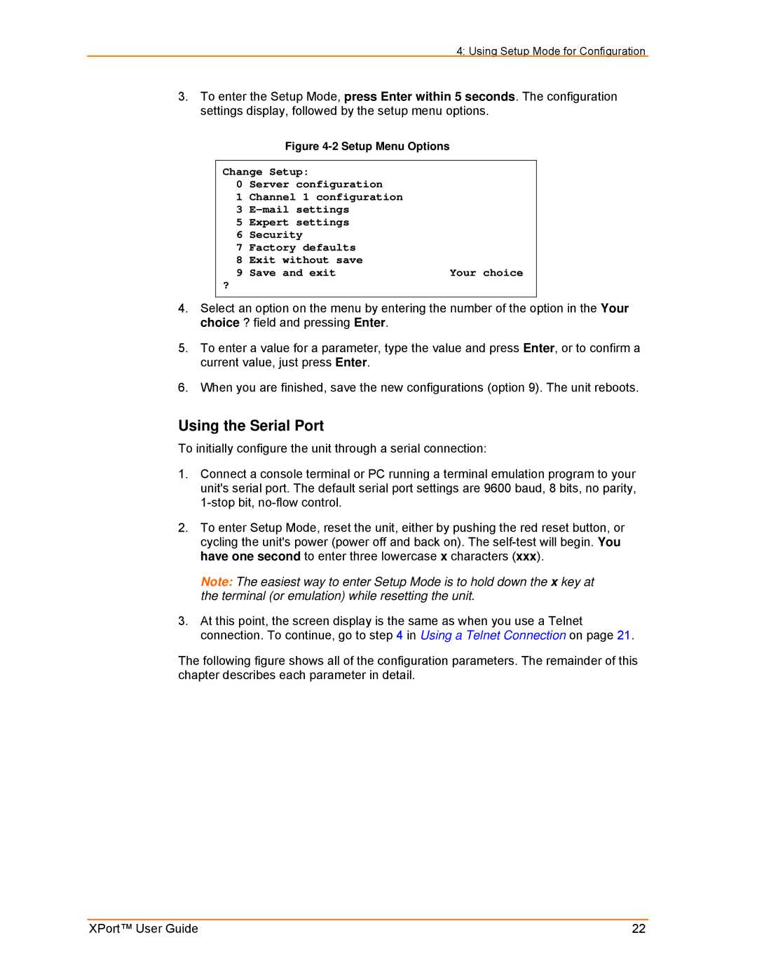 Lantronix XPort manual Using the Serial Port, Setup Menu Options 