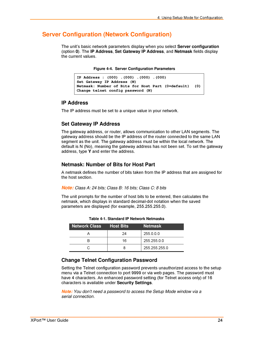 Lantronix XPort Server Configuration Network Configuration, Set Gateway IP Address, Netmask Number of Bits for Host Part 