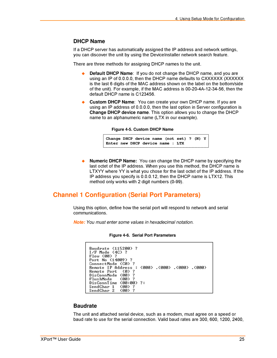 Lantronix XPort manual Channel 1 Configuration Serial Port Parameters, Dhcp Name, Baudrate 