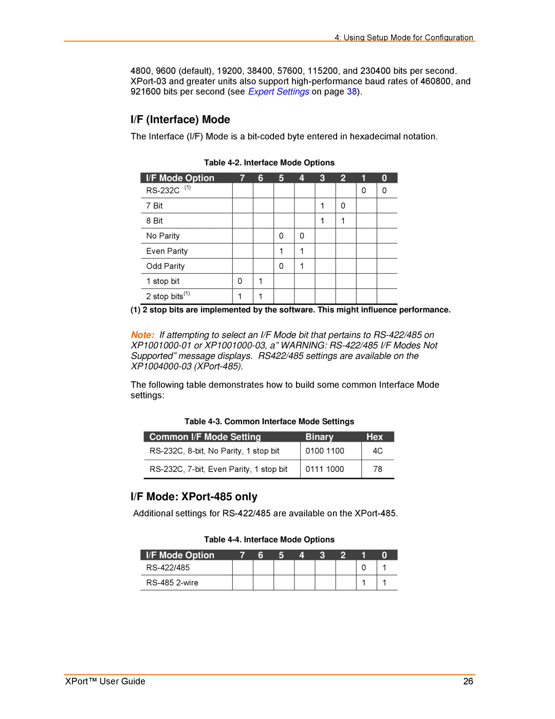 Lantronix manual Interface Mode, Mode XPort-485 only, Mode Option, Common I/F Mode Setting Binary Hex 