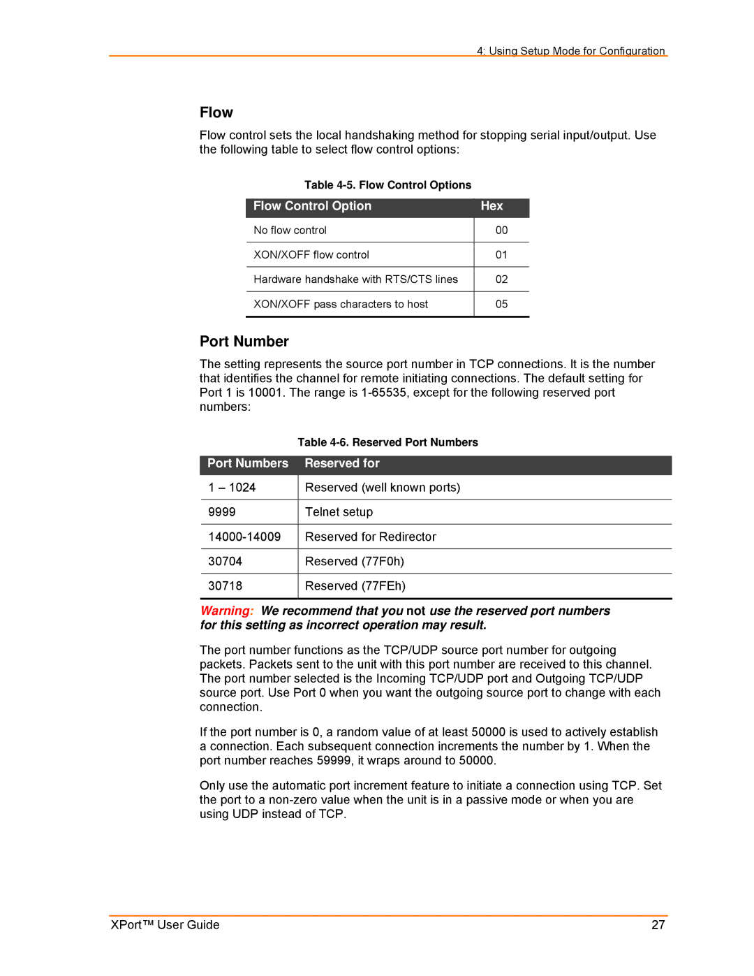 Lantronix XPort manual Flow Control Option Hex, Port Numbers Reserved for 