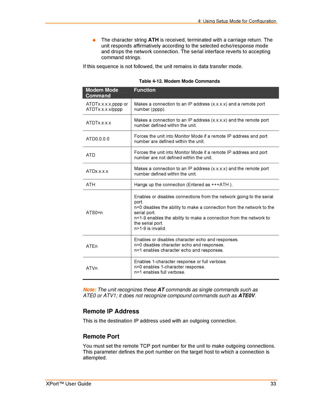 Lantronix XPort manual Remote IP Address, Remote Port, Modem Mode Function Command, Modem Mode Commands 