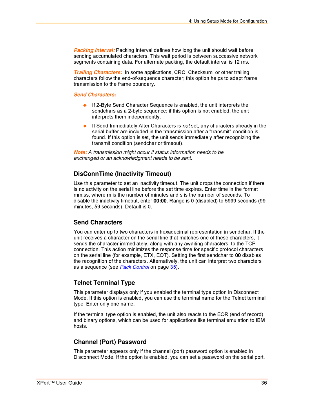 Lantronix XPort manual DisConnTime Inactivity Timeout, Send Characters, Telnet Terminal Type, Channel Port Password 