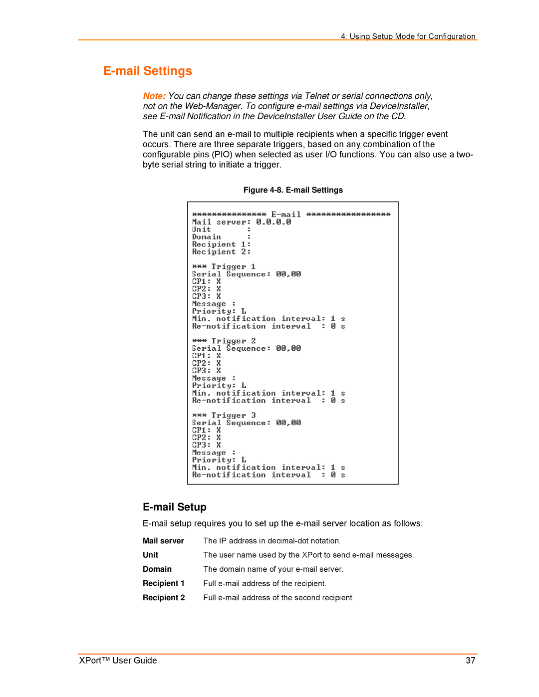 Lantronix XPort manual Mail Settings, Mail Setup 