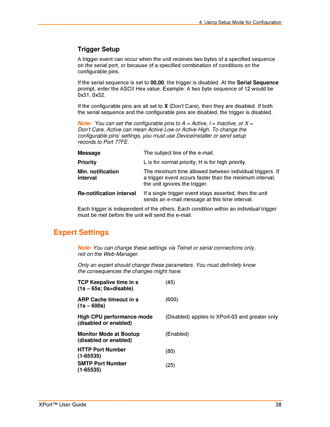 Lantronix XPort manual Expert Settings, Trigger Setup 