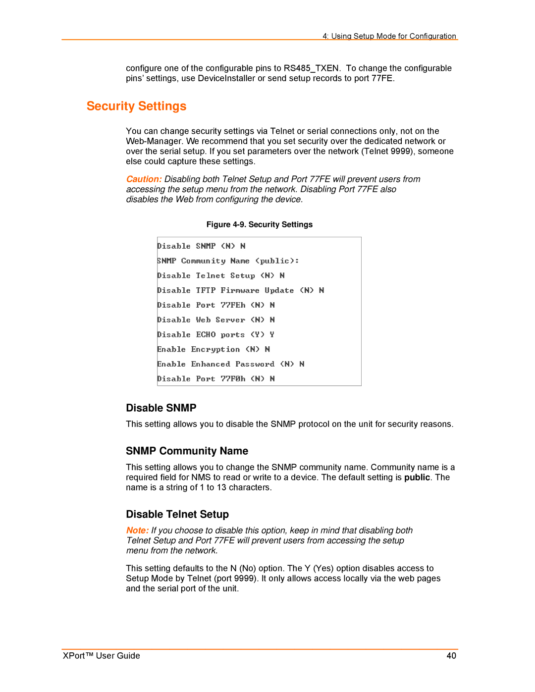 Lantronix XPort manual Security Settings, Disable Snmp, Snmp Community Name, Disable Telnet Setup 