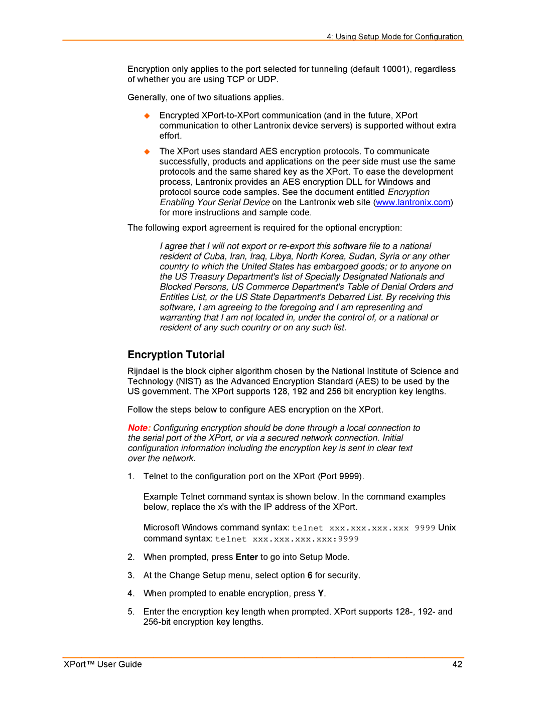 Lantronix XPort manual Encryption Tutorial, Command syntax telnet 