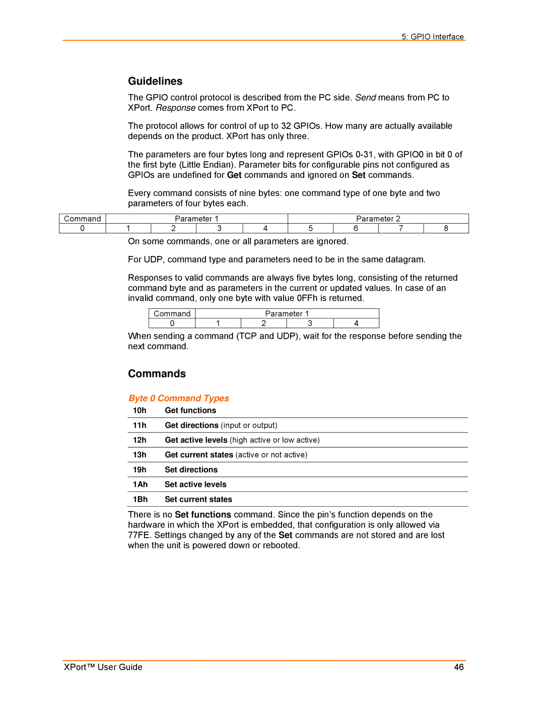 Lantronix XPort manual Guidelines, Commands, Byte 0 Command Types 